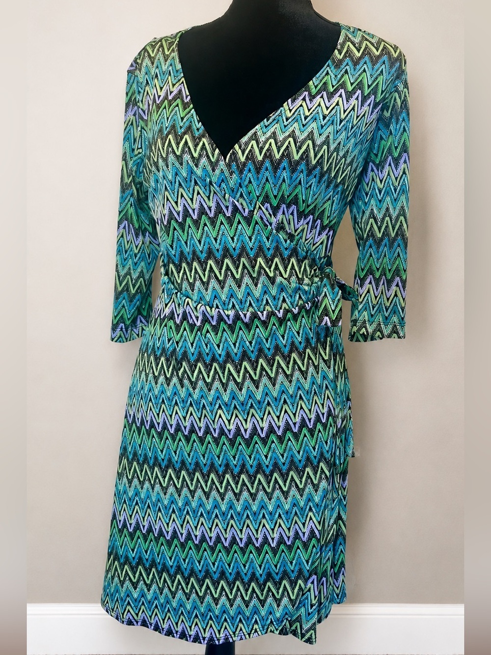 Vintage Y2K Zigzag Faux Wrap Dress Petite 8P Blue Green Jersey Stretch - Picture 2 of 11